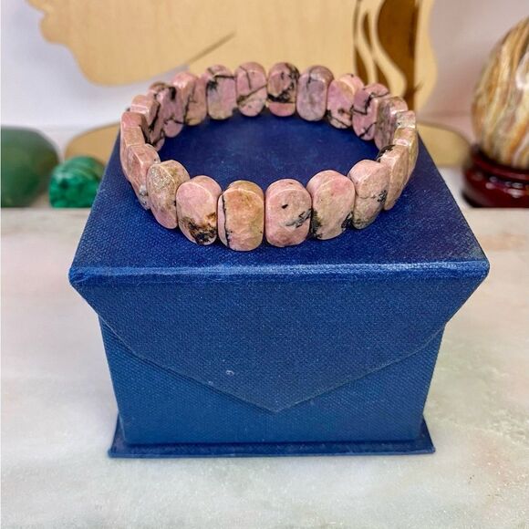 Black Vein Pink Rhodonite Faceted Tile Bracelet 240311 - Picture 1 of 6